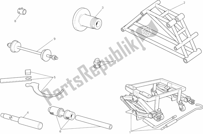 All parts for the Workshop Service Tools (frame) of the Ducati Supersport Thailand 950 2017